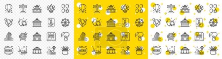 Illustration for Set of Carousel, Roller coaster and Circus icons. Amusement park line icons. Air balloon, Crane claw machine and Fastpass symbols. Circus amusement park tickets. Ferris wheel carousel. Vector - Royalty Free Image