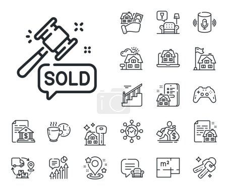 Illustration for Bid offer sign. Floor plan, stairs and lounge room outline icons. Auction hammer line icon. Lot was sold symbol. Auction hammer line sign. House mortgage, sell building icon. Real estate. Vector - Royalty Free Image