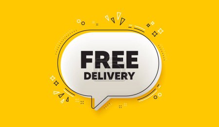 Illustration for Free delivery tag. 3d speech bubble yellow banner. Shipping and cargo service message. Business order icon. Free delivery chat speech bubble message. Talk box infographics. Vector - Royalty Free Image