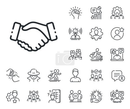 Illustration for Hand gesture sign. Specialist, doctor and job competition outline icons. Handshake line icon. Business deal palm symbol. Handshake line sign. Avatar placeholder, spy headshot icon. Vector - Royalty Free Image
