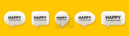 Illustration for Happy thanksgiving tag. 3d chat speech bubbles set. Happy family holiday message. Autumn thank you day. Happy thanksgiving talk speech message. Talk box infographics. Vector - Royalty Free Image