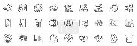 Ilustración de Los iconos de paquete como Doctor, Smartphone roto y Recuperación iconos de línea de ordenador para la aplicación incluyen seguro global, Certificado, 5g nube delgada icono conjunto web. 360 grados, videoconferencia. Vector - Imagen libre de derechos