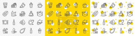 Ilustración de Esquema Burger, entrega de alimentos e iconos de línea de botellas de brandy pack para web con comida de restaurante, cuidado del agua, icono de línea de té de hielo. Comida para llevar, cóctel de café, icono del pictograma de la botella de cerveza. Vector - Imagen libre de derechos