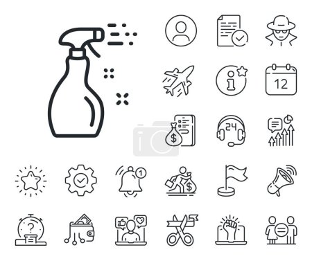 Illustration for Washing liquid or Cleanser symbol. Salaryman, gender equality and alert bell outline icons. Cleaning spray line icon. Housekeeping equipment sign. Cleaning spray line sign. Vector - Royalty Free Image