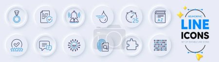 Illustration for Comment, Certificate and Cyber attack line icons for web app. Pack of Puzzle, Medal, Inspect pictogram icons. Rating stars, Hydroelectricity, Binary code signs. Brand, Vocabulary, Timer. Vector - Royalty Free Image