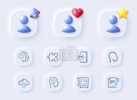 Illustration for Signing document, Puzzle and Cloud download line icons. Placeholder with 3d bell, star, heart. Pack of Emergency call, Floor plan, Idea head icon. Head, Time management pictogram. Vector - Royalty Free Image
