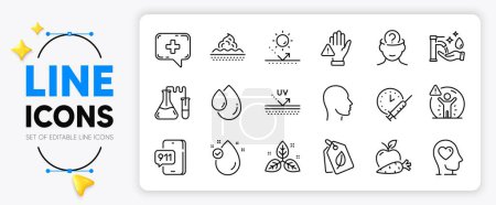 Illustration for Oil drop, Bio tags and Dont touch line icons set for app include Chemistry lab, Apple carrot, Vitamin e outline thin icon. Emergency call, Mental health, Uv protection pictogram icon. Vector - Royalty Free Image