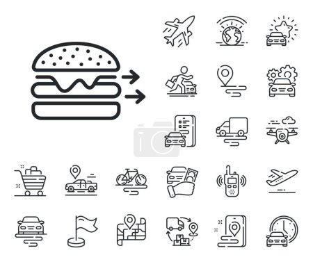 Illustration for Burger meal sign. Plane, supply chain and place location outline icons. Food delivery line icon. Catering service symbol. Food delivery line sign. Taxi transport, rent a bike icon. Travel map. Vector - Royalty Free Image