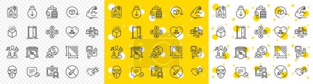 Illustration for Outline Market, Strong arm and Open door line icons pack for web with Yoga, Be mine, Augmented reality line icon. Statistic, Yoga music, Return package pictogram icon. Certificate. Vector - Royalty Free Image