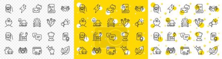 Illustration for Outline Award app, Info and Armchair line icons pack for web with Leaf, Move gesture, Certificate line icon. Bell alert, Furniture moving, Factory pictogram icon. Laureate medal, Carrots. Vector - Royalty Free Image
