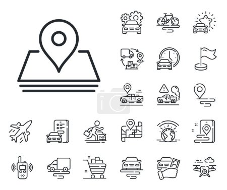 Illustration for Trip point sign. Plane, supply chain and place location outline icons. Map pin line icon. Journey location pointer symbol. Pin line sign. Taxi transport, rent a bike icon. Travel map. Vector - Royalty Free Image