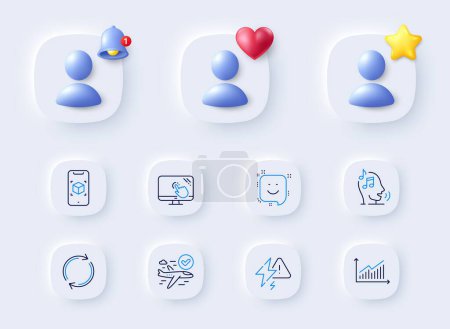 Illustration for Augmented reality, Graph and Touch screen line icons. Placeholder with 3d bell, star, heart. Pack of Voicemail, Lightning bolt, Full rotation icon. Smile, Confirmed flight pictogram. Vector - Royalty Free Image