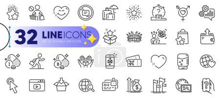 Illustration for Outline set of Water cooler, Loyalty points and Get box line icons for web with Wallet, Stop shopping, Smile face thin icon. Video content, Heart, Mail pictogram icon. Vector - Royalty Free Image