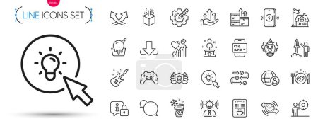 Ilustración de Pack de Payaso, Descarga y Ice maker línea de iconos. Incluye cena romántica, gráfico de crecimiento, iconos de pictograma de progreso de la encuesta. Mensajero, productos al por mayor, signos de éxito. Realidad aumentada. Vector - Imagen libre de derechos