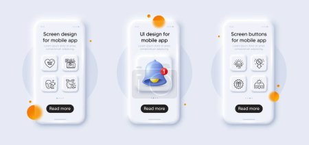 Illustration for Sun protection, Travel luggage and Miss you line icons pack. 3d phone mockups with bell alert. Glass smartphone screen. Alarm, Sunrise, Sleep web icon. Discount, Surprise gift pictogram. Vector - Royalty Free Image