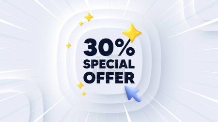 Illustration for 30 percent discount offer tag. Neumorphic banner with sunburst. Sale price promo sign. Special offer symbol. Discount message. Banner with 3d cursor. Circular neumorphic template. Vector - Royalty Free Image