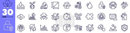 Fingerprint lock, Hydroelectricity and Ab testing line icons pack. Charge battery, Puzzle, Power info web icon. Square area, Inspect, Qr code pictogram. Medical mask, Fraud, Notification. Vector