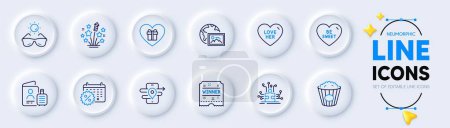 Illustration for Web photo, Popcorn and Calendar discounts line icons for web app. Pack of Passport, Puzzle options, Be sweet pictogram icons. Gps, Love her, Romantic gift signs. Sunglasses. Neumorphic buttons. Vector - Royalty Free Image