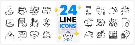 Illustration for Icons set of Methodology, Information bell and Pre-order food line icons pack for app with Environment day, Blood donation, Map thin outline icon. Packing things, Security agency. Vector - Royalty Free Image