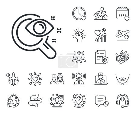 Illustration for Eyesight check sign. Online doctor, patient and medicine outline icons. Vision test line icon. Oculist clinic symbol. Vision test line sign. Veins, nerves and cosmetic procedure icon. Vector - Royalty Free Image