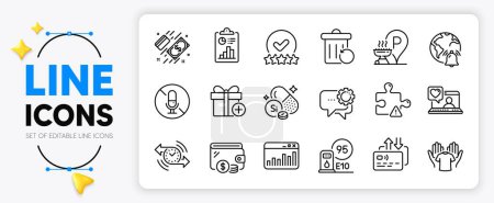 Illustration for Friends chat, Silicon mineral and Report line icons set for app include Internet notification, Add gift, Card outline thin icon. Grill place, No microphone, Timer pictogram icon. Vector - Royalty Free Image