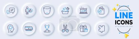 Illustration for Approve, Puzzle and Launder money line icons for web app. Pack of Cut, Sound check, Glass pictogram icons. Verification document, Bus tour, Surprise package signs. Winner podium, Like. Vector - Royalty Free Image