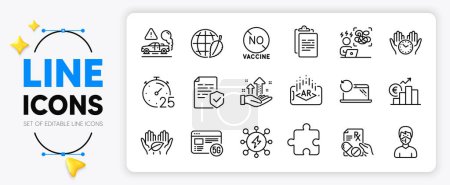 Illustration for Difficult stress, Puzzle and 5g internet line icons set for app include Augmented reality, Analysis graph, No vaccine outline thin icon. Safe time, Power, Medical mask pictogram icon. Vector - Royalty Free Image