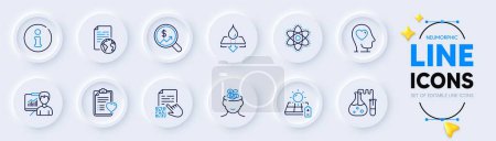 Illustration for Patient history, Currency audit and Chemistry atom line icons for web app. Pack of Qr code, Water resistant, Solar panel pictogram icons. Mental health, Presentation, Info signs. Vector - Royalty Free Image