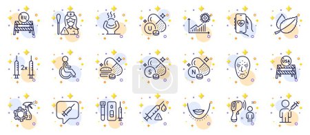 Illustration for Outline set of Overeating pills, Coronavirus statistics and Vaccine attention line icons for web app. Include Electronic thermometer, Nurse, Difficult stress pictogram icons. Disability. Vector - Royalty Free Image