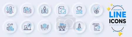 Illustration for Report, Strategy and Fireworks line icons for web app. Pack of Deflation, Accounting report, Food pictogram icons. Crowdfunding, Augmented reality, Music signs. Thermometer. Neumorphic buttons. Vector - Royalty Free Image