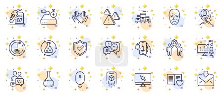 Illustration for Outline set of Smartphone holding, Employees teamwork and Augmented reality line icons for web app. Include Face biometrics, Power bank, Chemistry lab pictogram icons. Incoming mail. Vector - Royalty Free Image