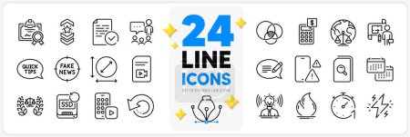 Illustration for Icons set of Certificate, Justice scales and Compliance line icons pack for app with Magistrates court, Message, Timer thin outline icon. Recovery ssd, Fire energy, Power pictogram. Vector - Royalty Free Image