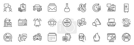 Illustration for Icons pack as Calendar, 24h delivery and Inventory report line icons for app include Inflation, Chemistry lab, Attention outline thin icon web set. Car leasing, Fire energy. Vector - Royalty Free Image