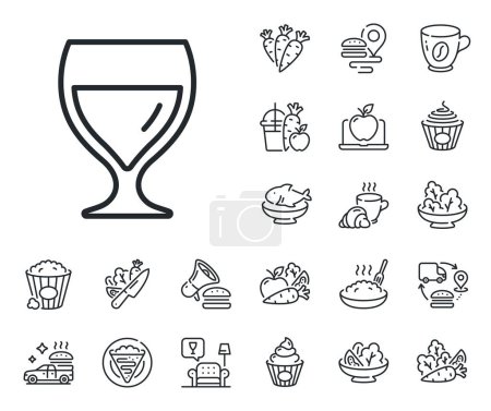 Illustration for Alcohol drink sign. Crepe, sweet popcorn and salad outline icons. Wine glass line icon. Beverage symbol. Wine glass line sign. Pasta spaghetti, fresh juice icon. Supply chain. Vector - Royalty Free Image