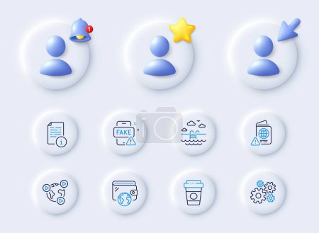 Illustration for Takeaway coffee, Cogwheel and Manual line icons. Placeholder with 3d cursor, bell, star. Pack of Passport warning, Video conference, Fake news icon. Swimming pool, Wallet pictogram. Vector - Royalty Free Image