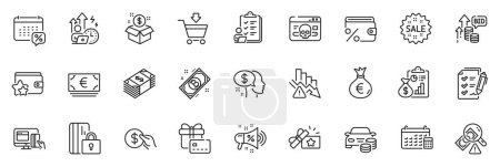 Illustration for Icons pack as Payment, Online payment and Euro currency line icons for app include Report, Survey checklist, Buy car outline thin icon web set. Fraud, Calendar, Gift card pictogram. Vector - Royalty Free Image