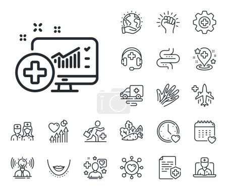 Illustration for Hospital statistics sign. Online doctor, patient and medicine outline icons. Medical analytics line icon. Medical analytics line sign. Veins, nerves and cosmetic procedure icon. Intestine. Vector - Royalty Free Image