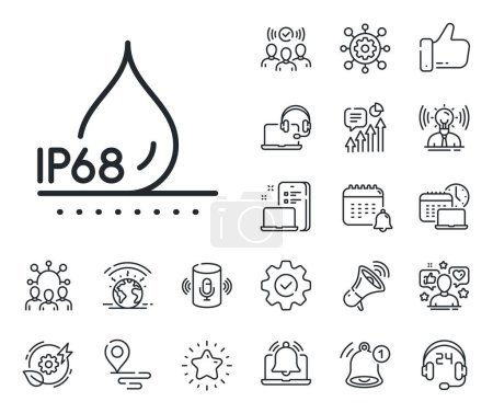Illustration for Water resistant ip68 sign. Place location, technology and smart speaker outline icons. Waterproof line icon. Drop protection symbol. Waterproof line sign. Influencer, brand ambassador icon. Vector - Royalty Free Image