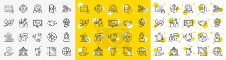 Illustration for Outline Insurance hand, Radiator and Volunteer line icons pack for web with Positive feedback, Handshake, Internet line icon. Hospital nurse, Calendar, Info pictogram icon. Coffee cup. Vector - Royalty Free Image