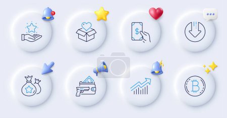 Loyalty points, Demand curve and Receive money line icons. Buttons with 3d bell, chat speech, cursor. Pack of Armed robbery, Loyalty program, Donation icon. Download arrow, Bitcoin pictogram. Vector