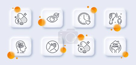 Illustration for Dating, Dont touch and Stay home line icons pack. 3d glass buttons with blurred circles. Vitamin n, Electronic thermometer, Stress web icon. Check eye, Medicine price pictogram. Vector - Royalty Free Image