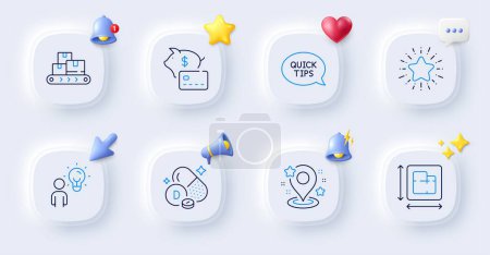 Illustration for Wholesale goods, Vitamin d and Star line icons. Buttons with 3d bell, chat speech, cursor. Pack of Quickstart guide, Pin, Piggy bank icon. Group people, Floor plan pictogram. Vector - Royalty Free Image