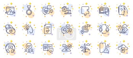 Illustration for Outline set of Phone warning, Medal and Idea line icons for web app. Include Workflow, Online question, Technical documentation pictogram icons. Ask question, Windmill turbine. Vector - Royalty Free Image