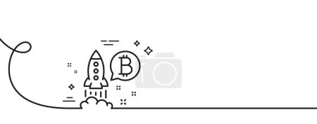 Téléchargez les illustrations : Icône de ligne Bitcoin. Continu une ligne avec boucle. Crypto-monnaie signe de démarrage. Symbole de fusée cryptée. Bitcoin projet ruban contour unique. Courbe de boucle. Vecteur - en licence libre de droit