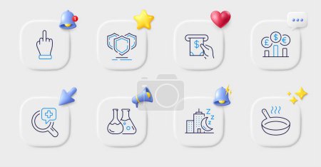 Illustration for Shields, Chemistry lab and Atm service line icons. Buttons with 3d bell, chat speech, cursor. Pack of Middle finger, Night city, Medical analyzes icon. Currency rate, Frying pan pictogram. Vector - Royalty Free Image