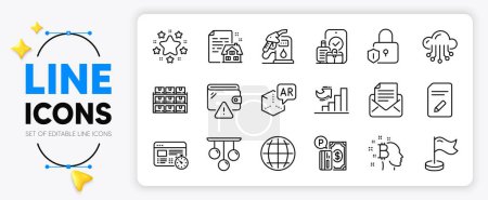 Illustration for Globe, Parking payment and Augmented reality line icons set for app include Edit document, Stars, Petrol station outline thin icon. Cloud storage, Boxes shelf, Growth chart pictogram icon. Vector - Royalty Free Image