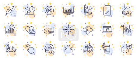 Illustration for Outline set of Divider document, Home charging and Edit document line icons for web app. Include Money currency, Feather, Feminism pictogram icons. Laptop repair, Survey check. Vector - Royalty Free Image