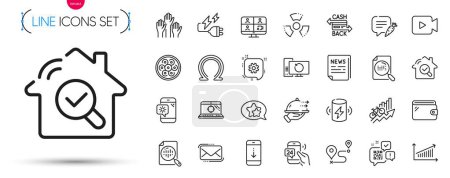 Illustration for Pack of Fake news, Omega and Charge battery line icons. Include Messenger mail, Cogwheel, Food delivery pictogram icons. Cashback card, Cable section, Video camera signs. Chart, Wallet. Vector - Royalty Free Image