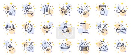 Illustration for Outline set of Dress, Shirt and Shoes line icons for web app. Include Sunglasses, Moisturizing cream, Sun protection pictogram icons. Bra, Pantothenic acid, Sunscreen signs. Vitamin u. Vector - Royalty Free Image