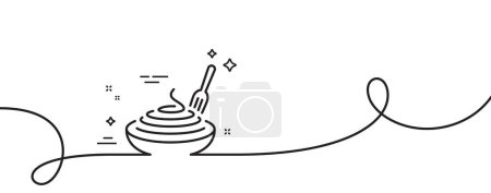 Illustration for Pasta dish line icon. Continuous one line with curl. Plate with macaroni sign. Food bowl with fork symbol. Pasta dish single outline ribbon. Loop curve pattern. Vector - Royalty Free Image